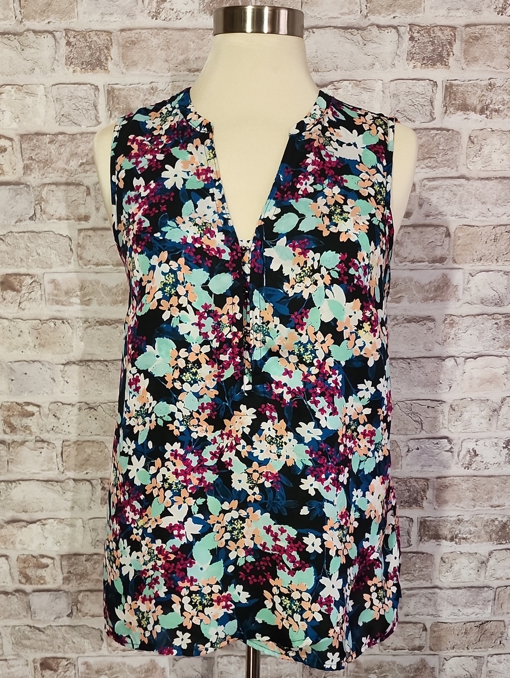 Maurices Navy Floral Sleeveless V-Neck Camisole with Aqua and Peach Flowers